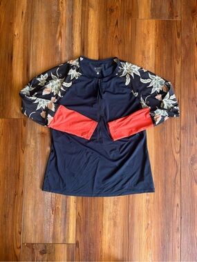 Carve Designs Navy Floral Raglan Long-Sleeve Top with Coral Cuffs